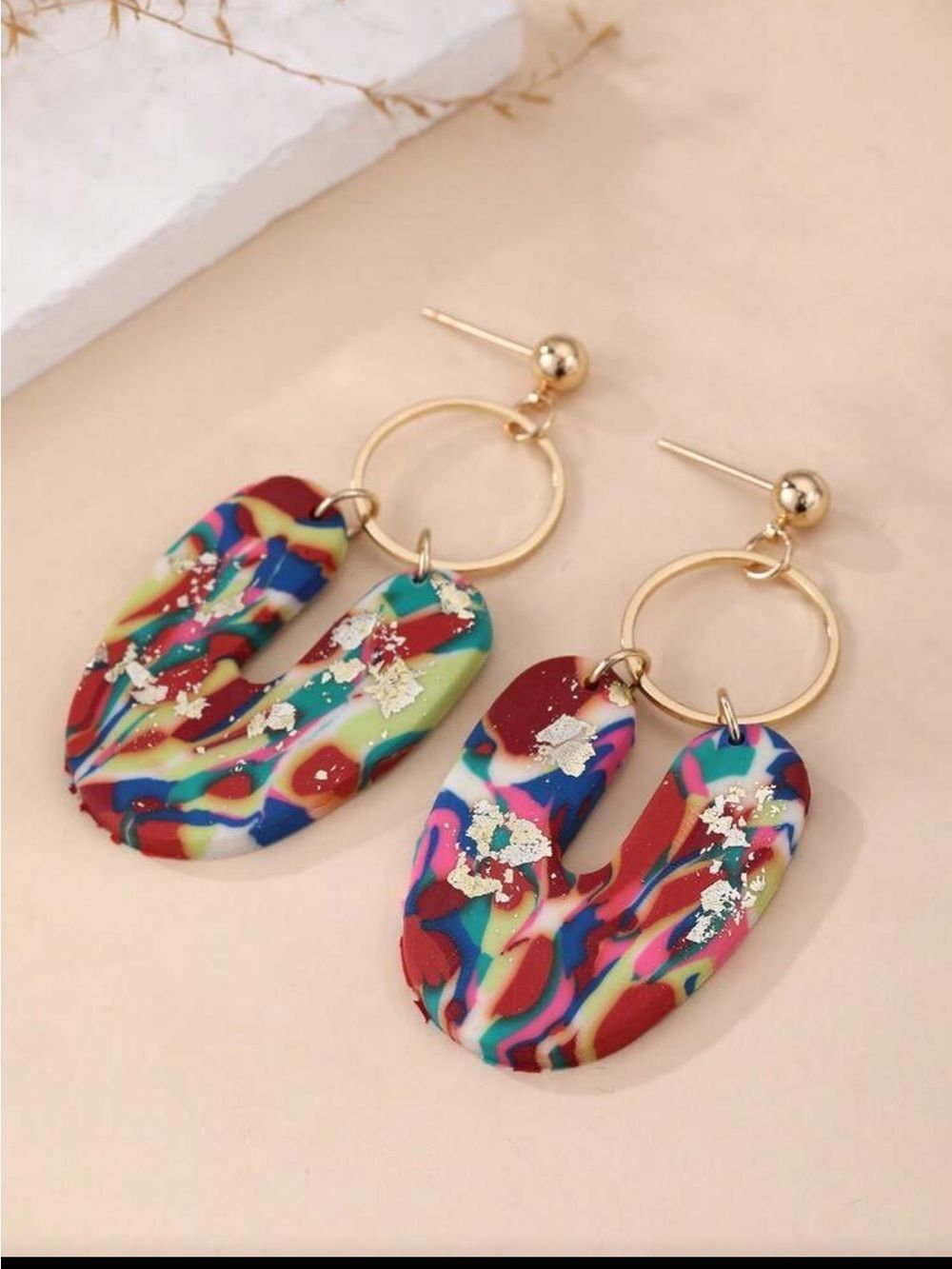 Gold Hoop Multicolor Burgundy Swirl Dangle Earrings